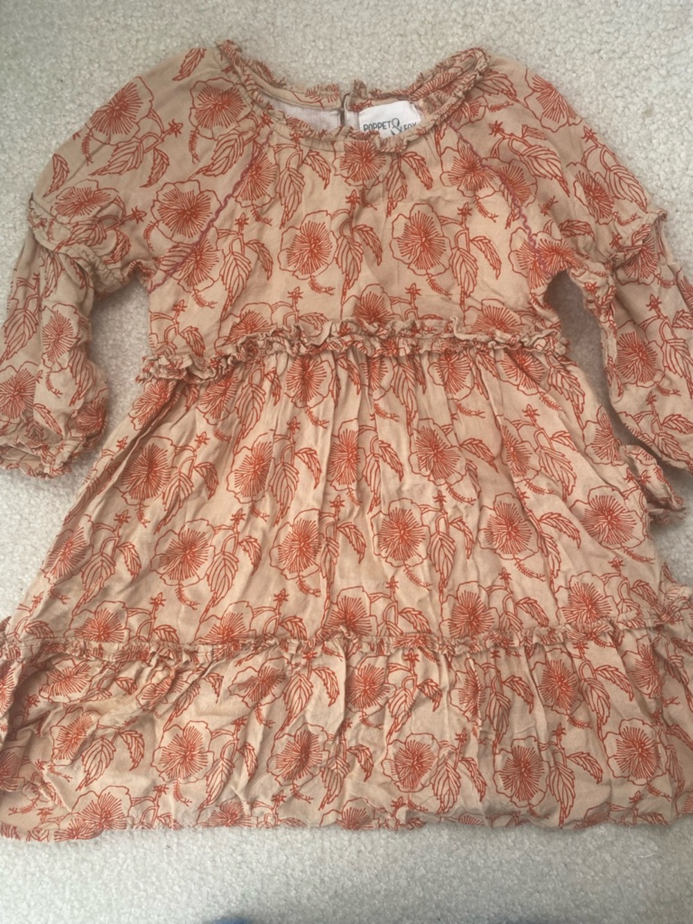 Poppet & Fox Boho Girls Floral Tiered Dress - Beige with Rust Floral Print 4 EUC